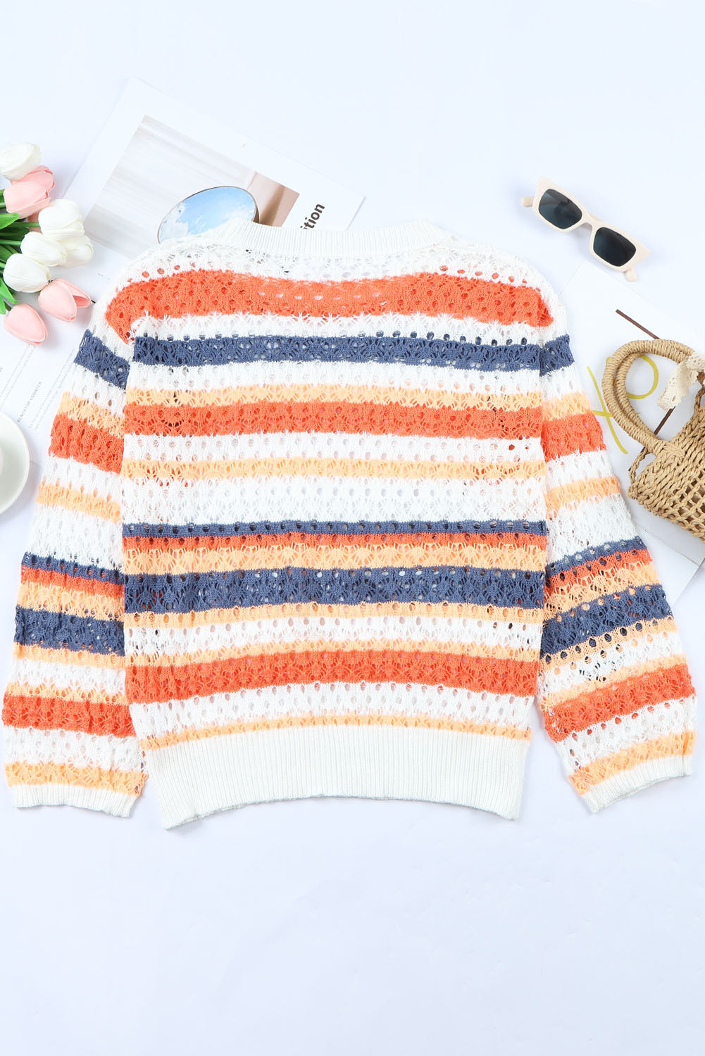 Multicolor Striped Loose Fit Hollow-out Knit Sweater