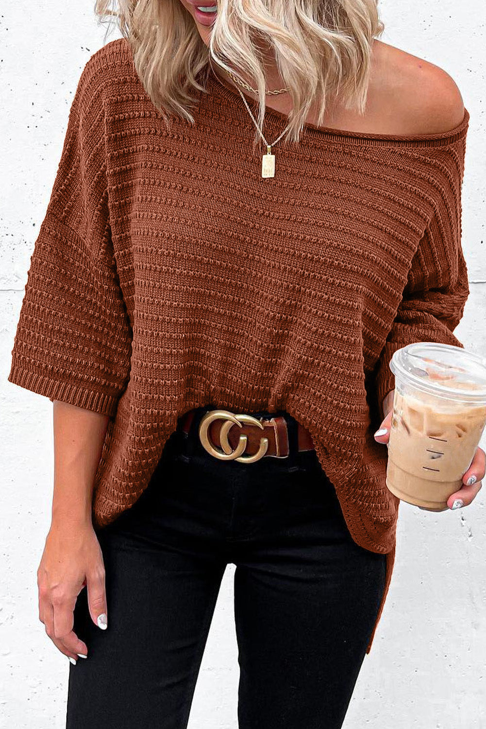 Apricot Textured Knit Drop Shoulder Tee