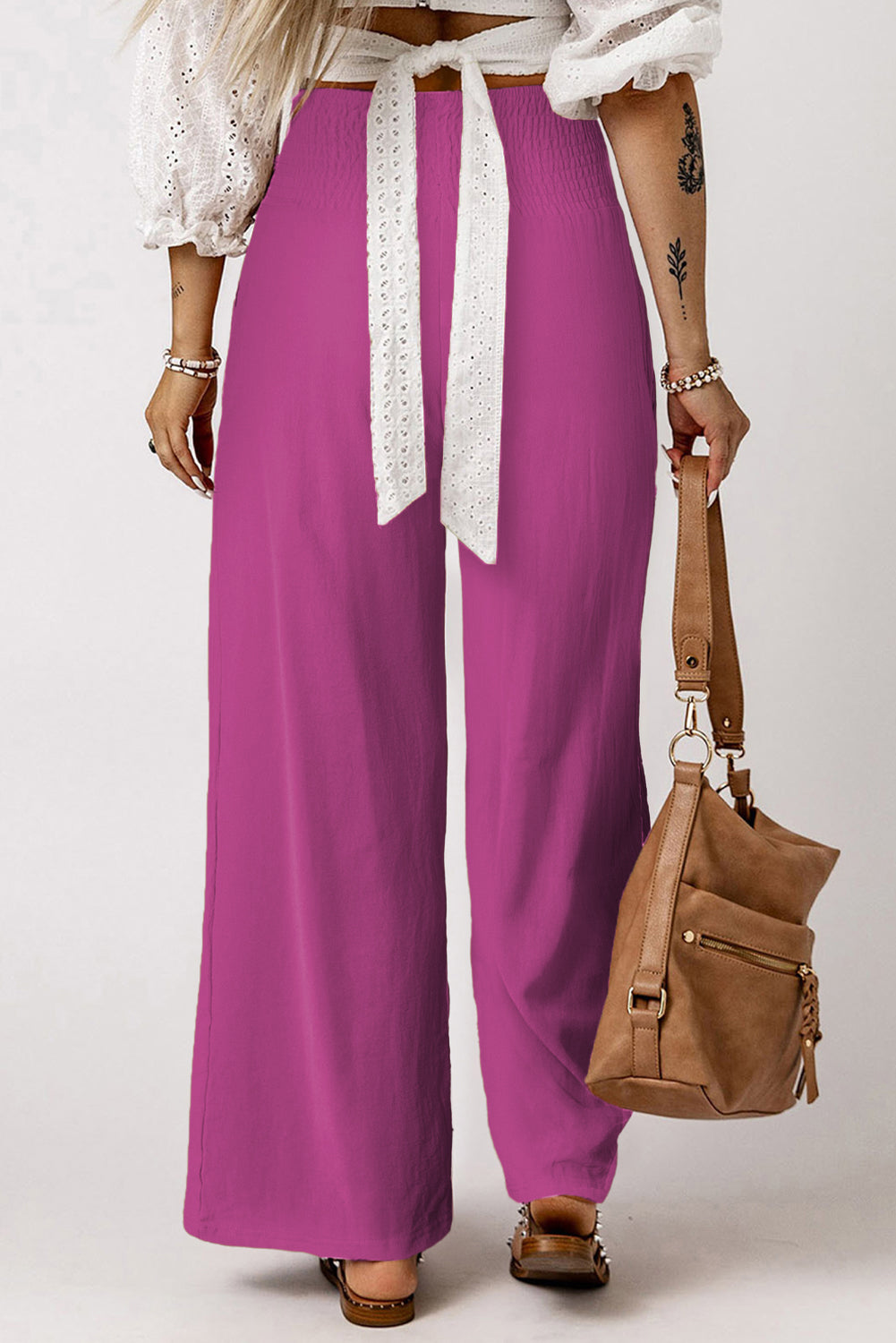 Black Smocked Wide Waistband High Waist Wide Leg Pants