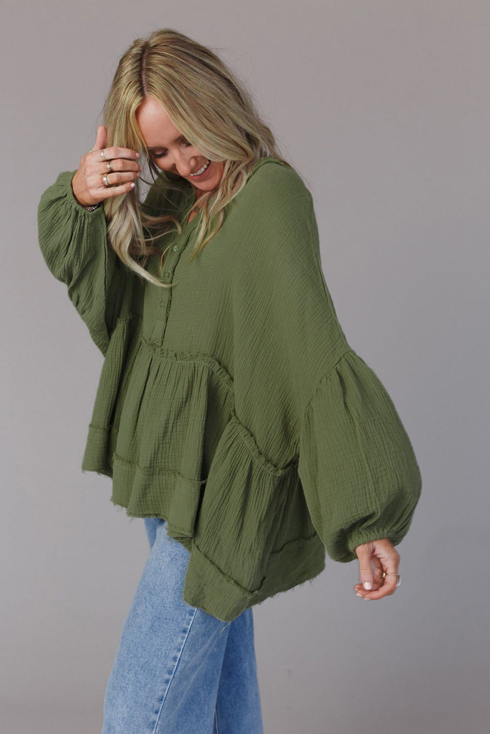 Green Henley Button Drop Shoulder Loose Sleeve Raw Edge Top