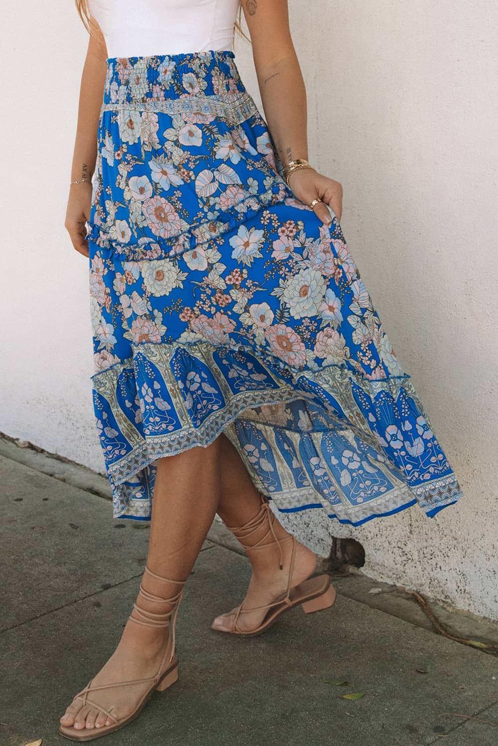 Blue Smocked Waist Boho Floral Maxi Skirt