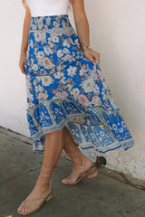 Blue Smocked Waist Boho Floral Maxi Skirt