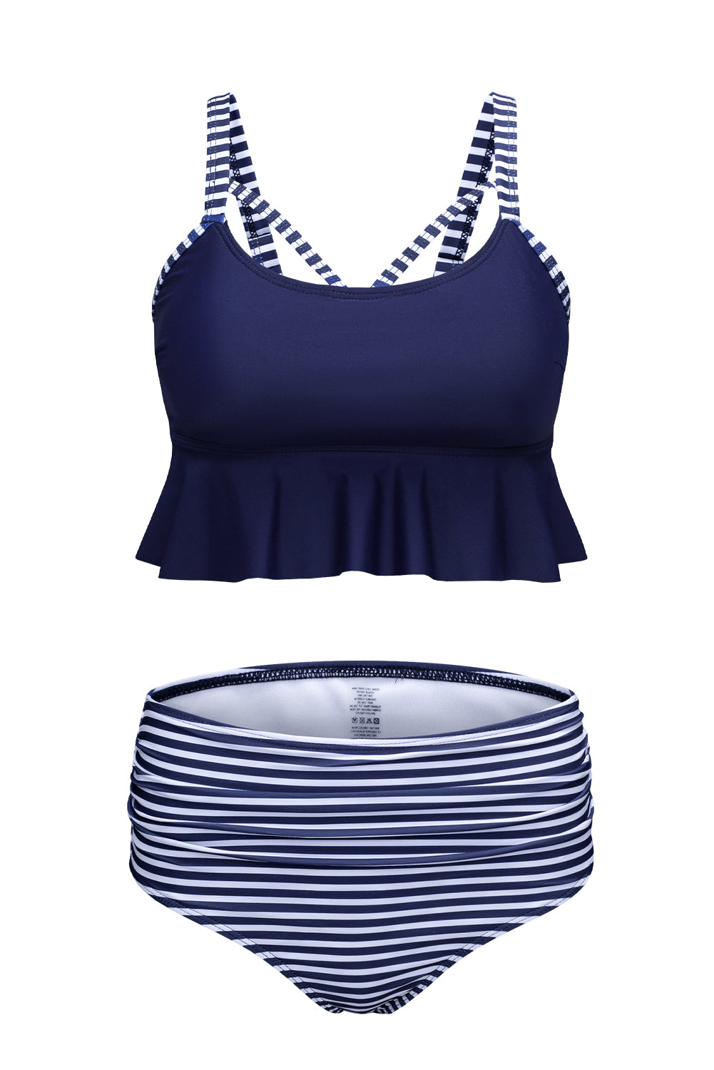 Blue Cutout Ruffle Crop Top and Striped High Waist Bikini Set