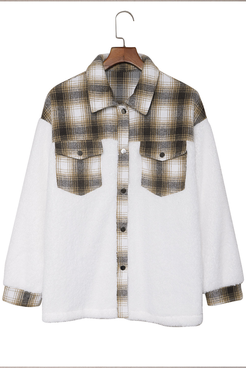 Gray Plaid Patchwork Buttoned Pocket Sherpa Jacket
