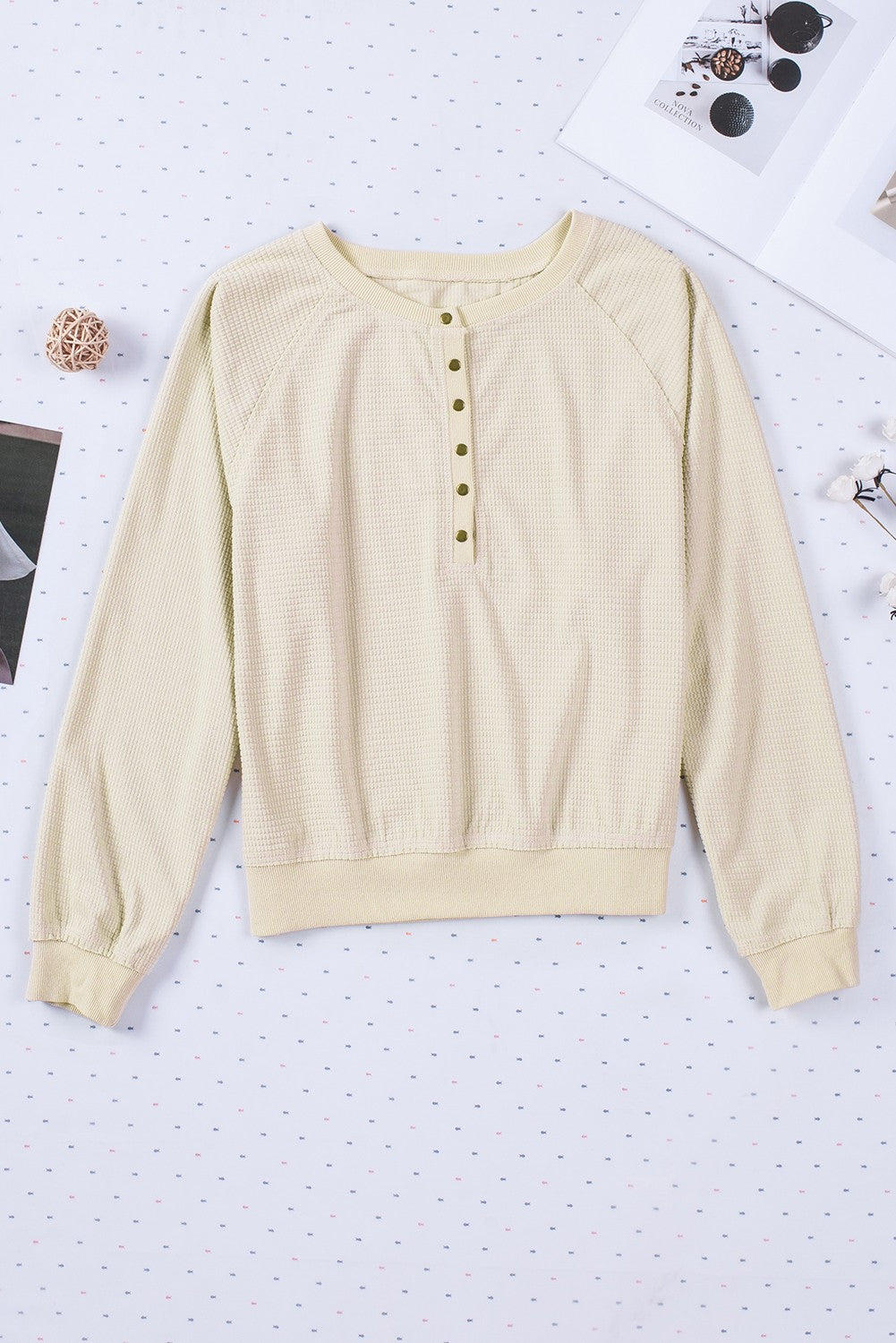 Beige Snap Button V-Neck Waffle Knit Top