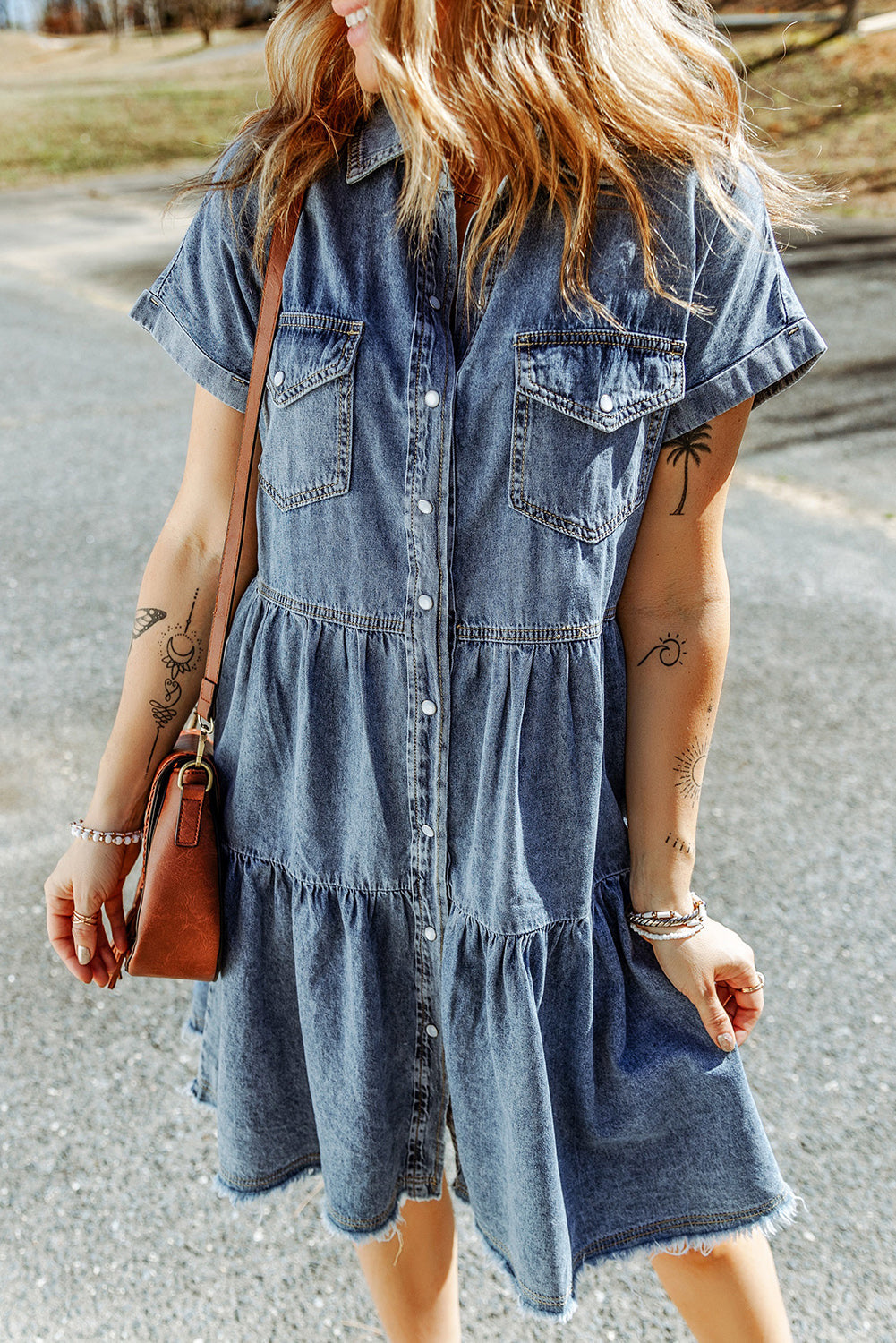 Buttoned Frayed Pocket Short Sleeve Denim Dress