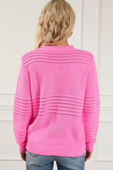 Pink Solid Color Cable Knit Eyelets Mock Neck Sweater