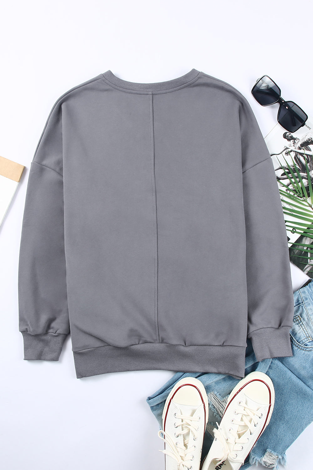 Gray Ribbed V Neck Drop Shoulder Sweatshirt
