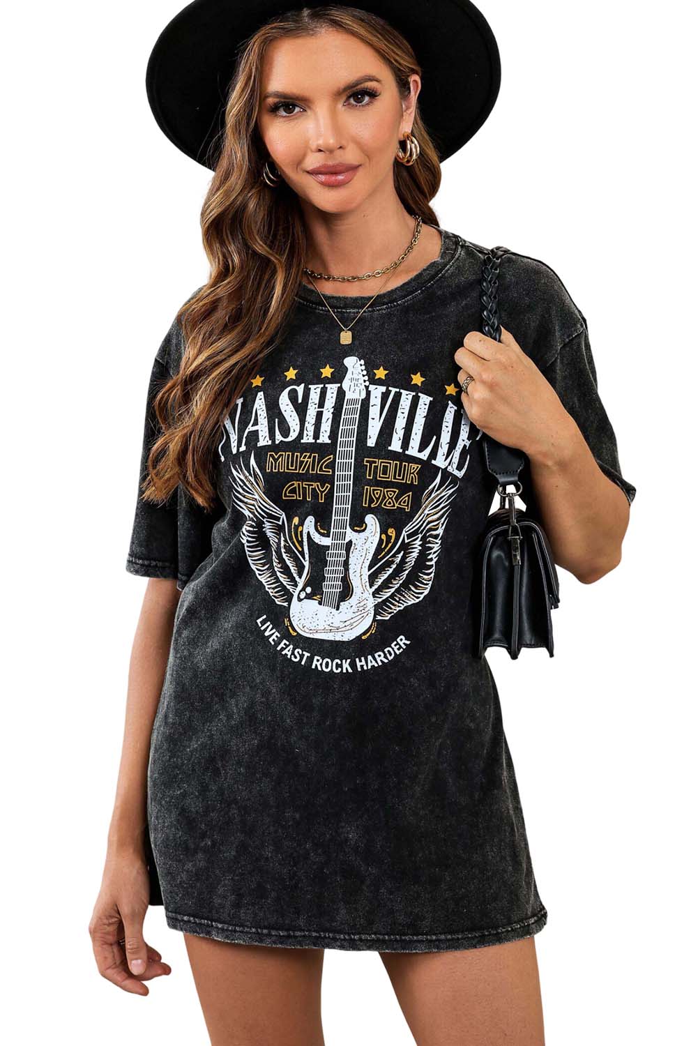 Black Mineral Wash NASHVILLE Vintage Graphic T Shirt