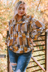 Apricot Turn-down Neck Mixed Print Plus Size Shirt