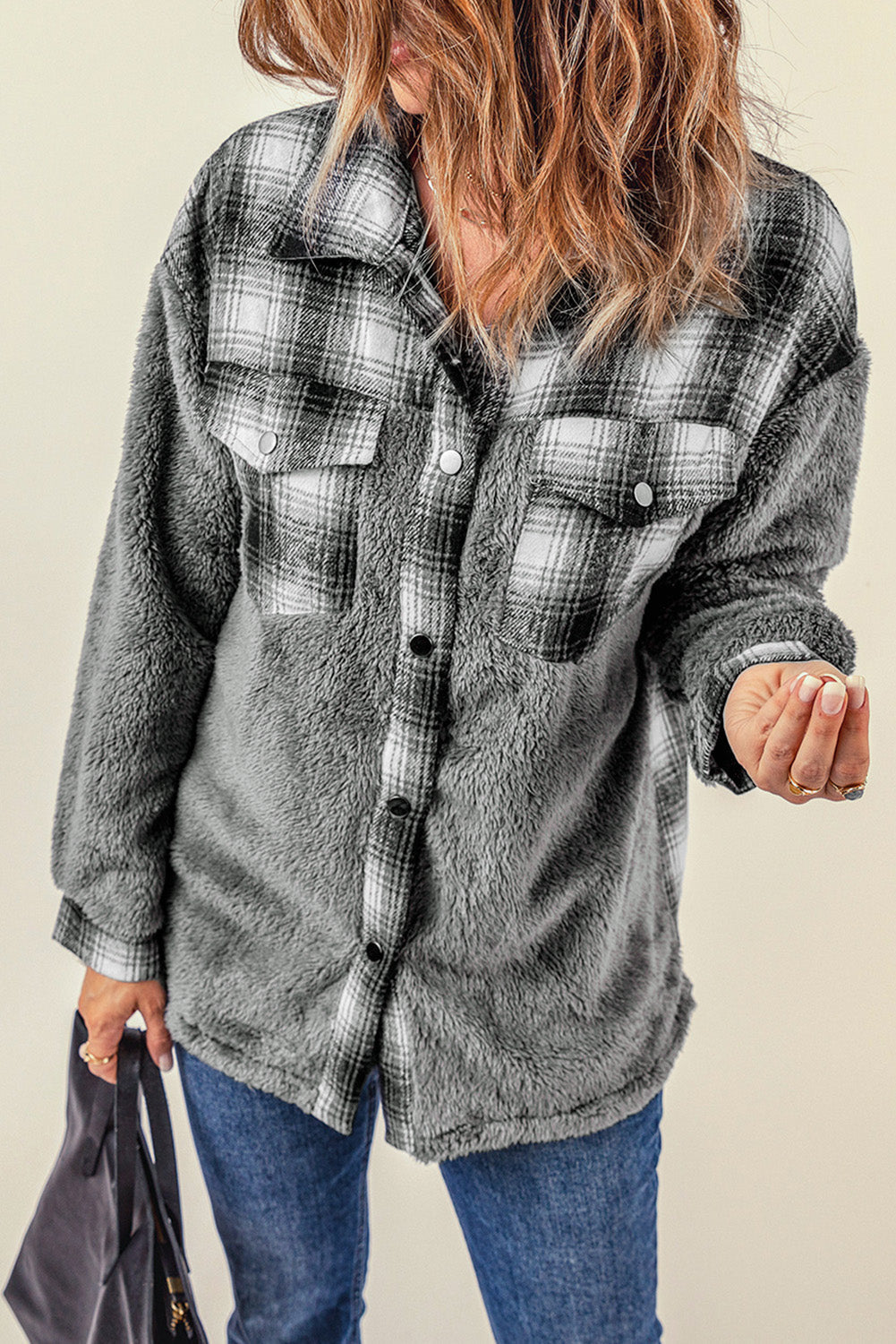 Gray Plaid Patchwork Buttoned Pocket Sherpa Jacket