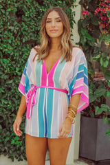 Multicolor Striped Kimono Sleeve Romper with Sash