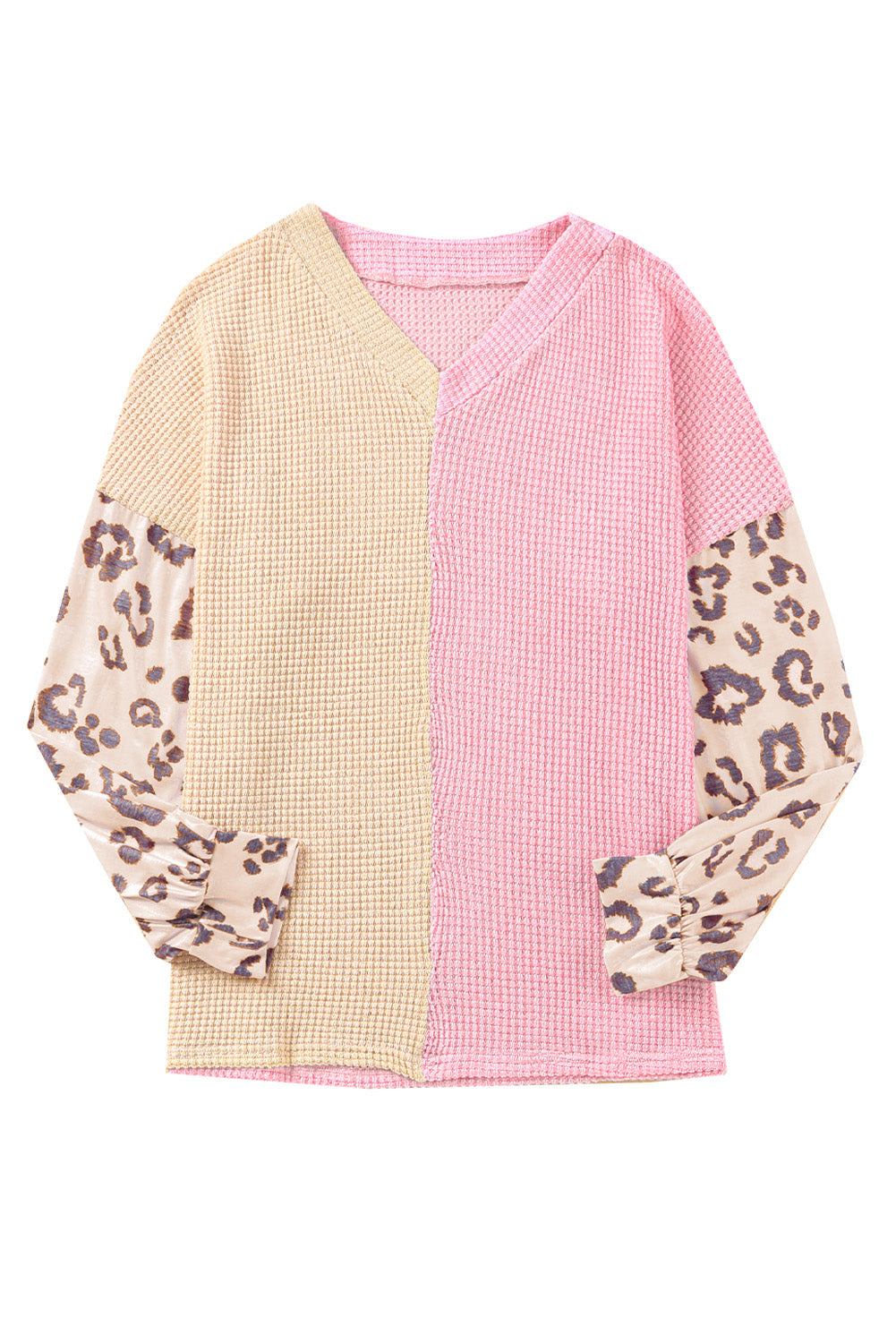 Pink Plus Size Leopard Sleeve Color Block Waffle Knit Top