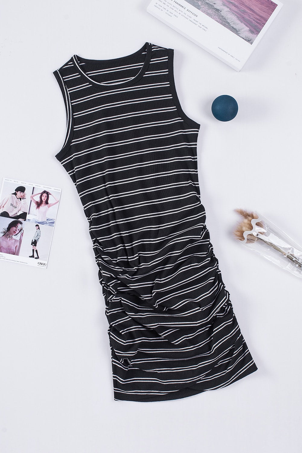 Black Striped Print Crew Neck Tank Mini Dress