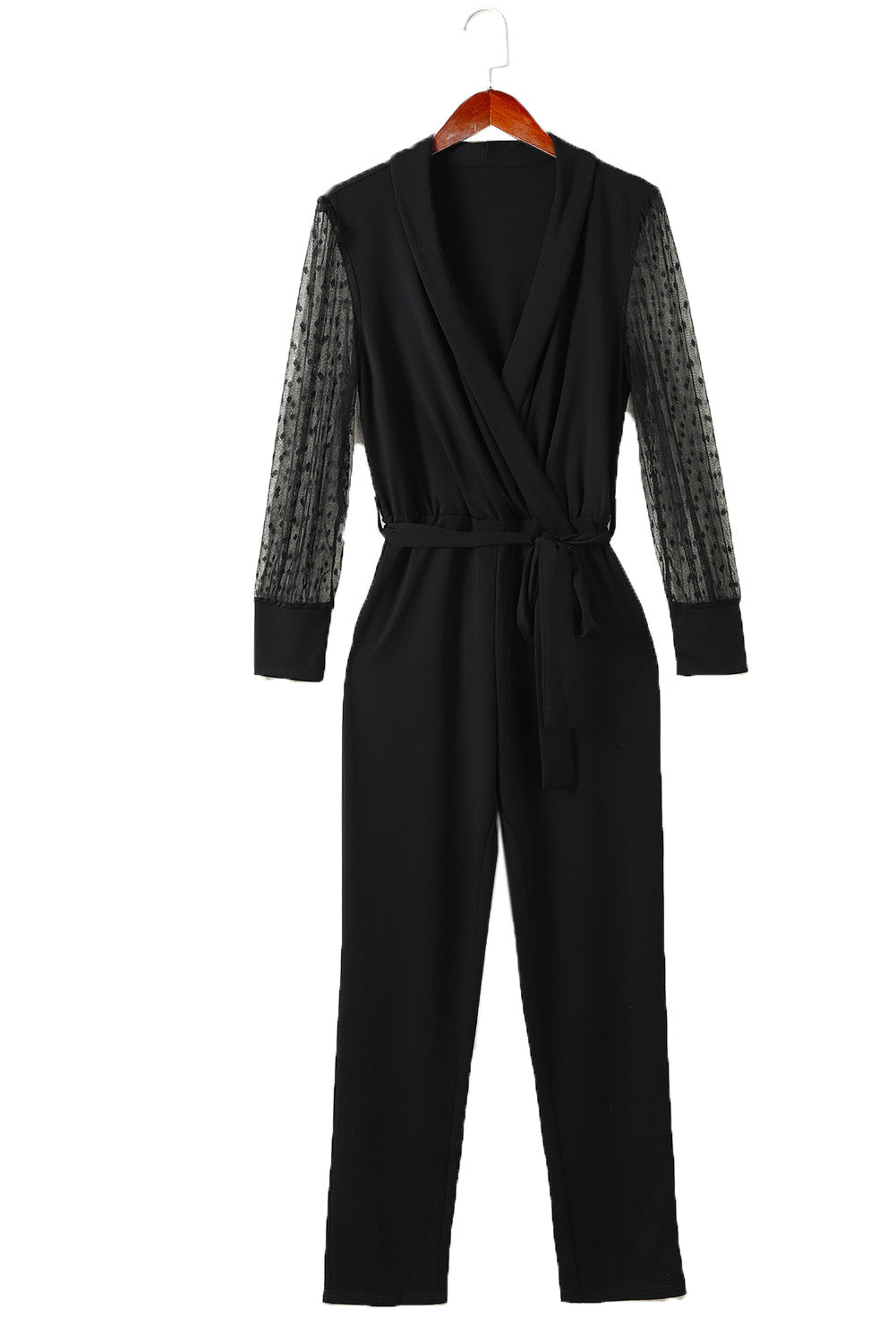 Black Mesh Contrast V Neck Wrap Long Sleeve Jumpsuit