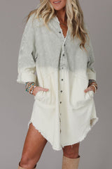 Gray Gradient Long Sleeve Button Up Raw Hem Denim Dress