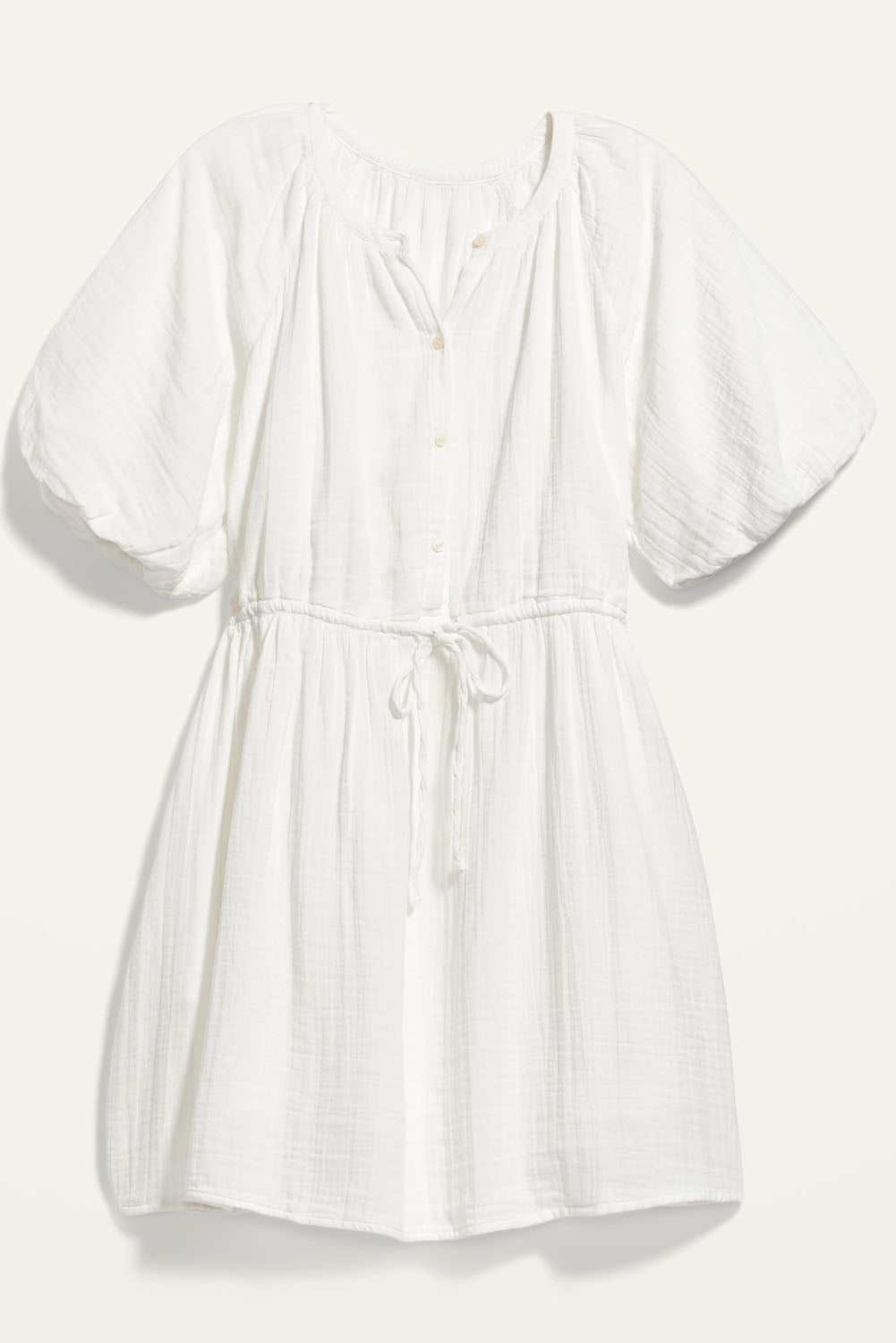 White Puff Sleeve Drawstring Shirt Dress with Pockets