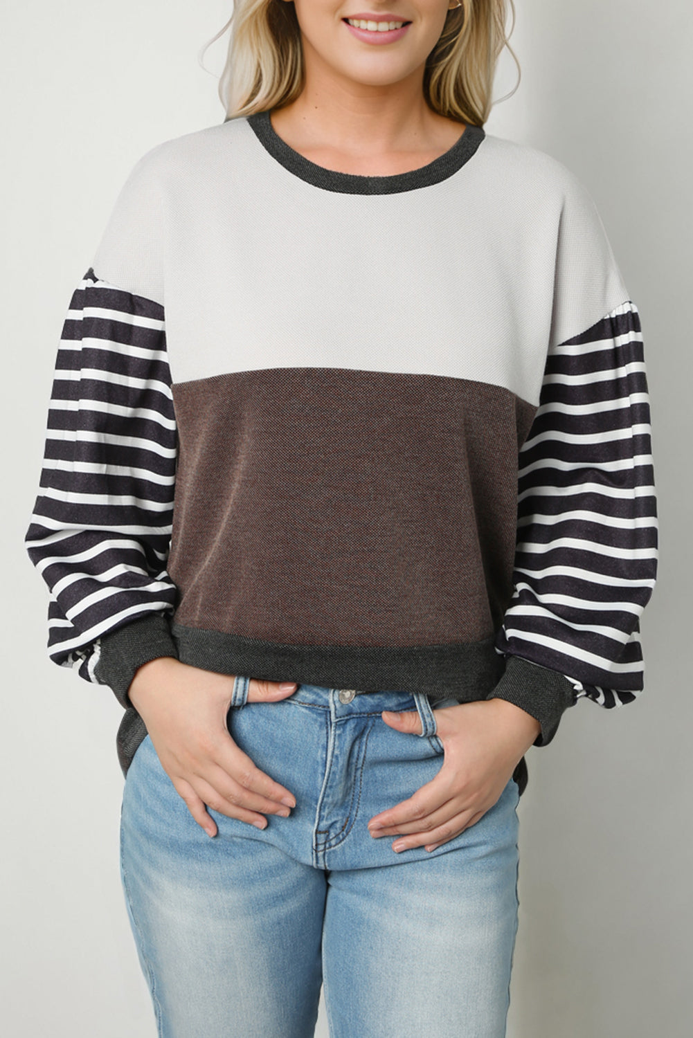 Multicolor Contrast Striped Sleeve Color Block Pullover