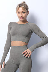 Gray Solid Color Long Sleeve Yoga Crop Top