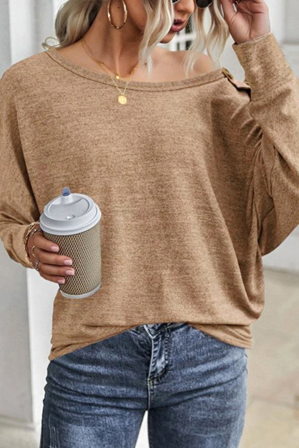 Khaki Solid Color Button Decor Dolman Sleeve Top