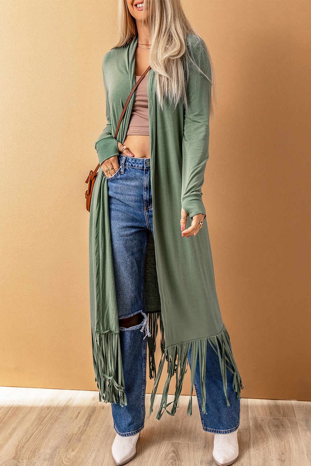 Green Fringe Knit Duster Cardigan