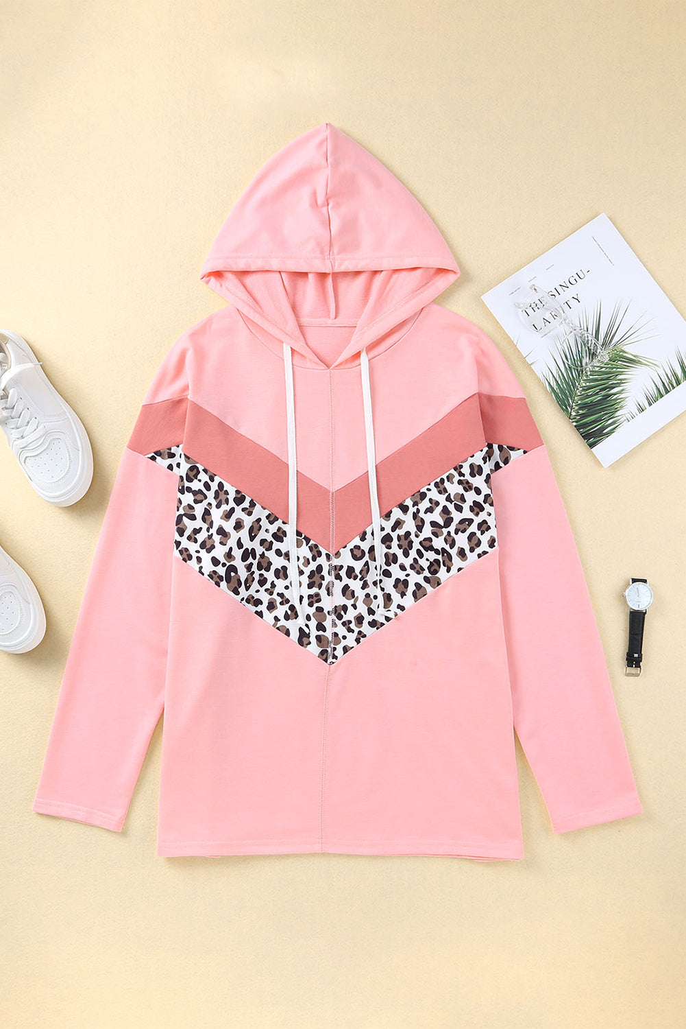 Pink Plus Size Taupe Chevron Hooded Top