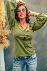 Green Cut Out Criss Cross Sweetheart Neck Long Sleeve Top