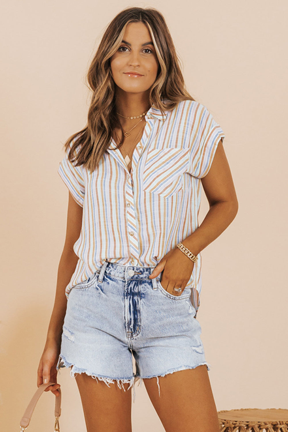 Multicolor Stripe Short Sleeve Button up Shirt