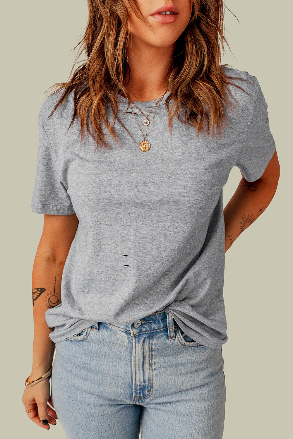 Gray Ripped Solid Color Short Sleeve T Shirt