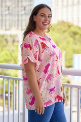 Pink Plus Size Jaguar Print Ruffled Short Sleeves Top