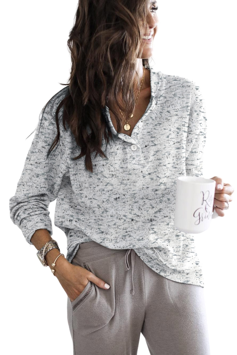 Gray Slouchy Heather Rib Knit Long Sleeve Henley Top