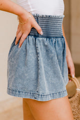 Blue Smocked High Waist Acid Wash Flared Denim Shorts