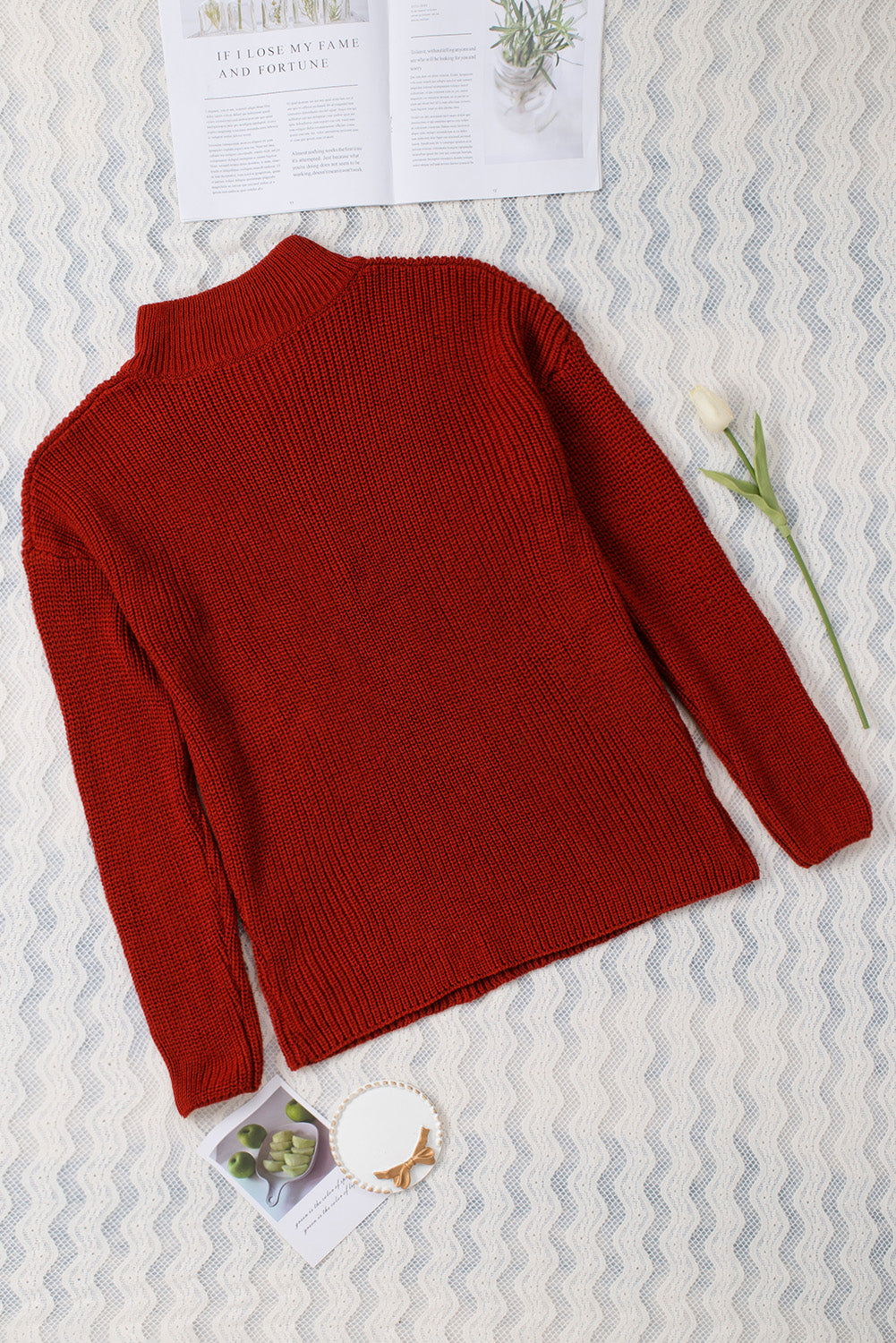 Red Zipped Turtleneck Drop Shoulder Knit Sweater