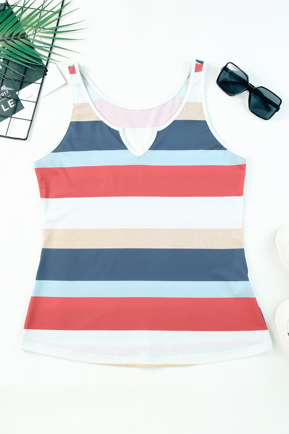 Rose Striped Color Block Notched Neck Tank Top