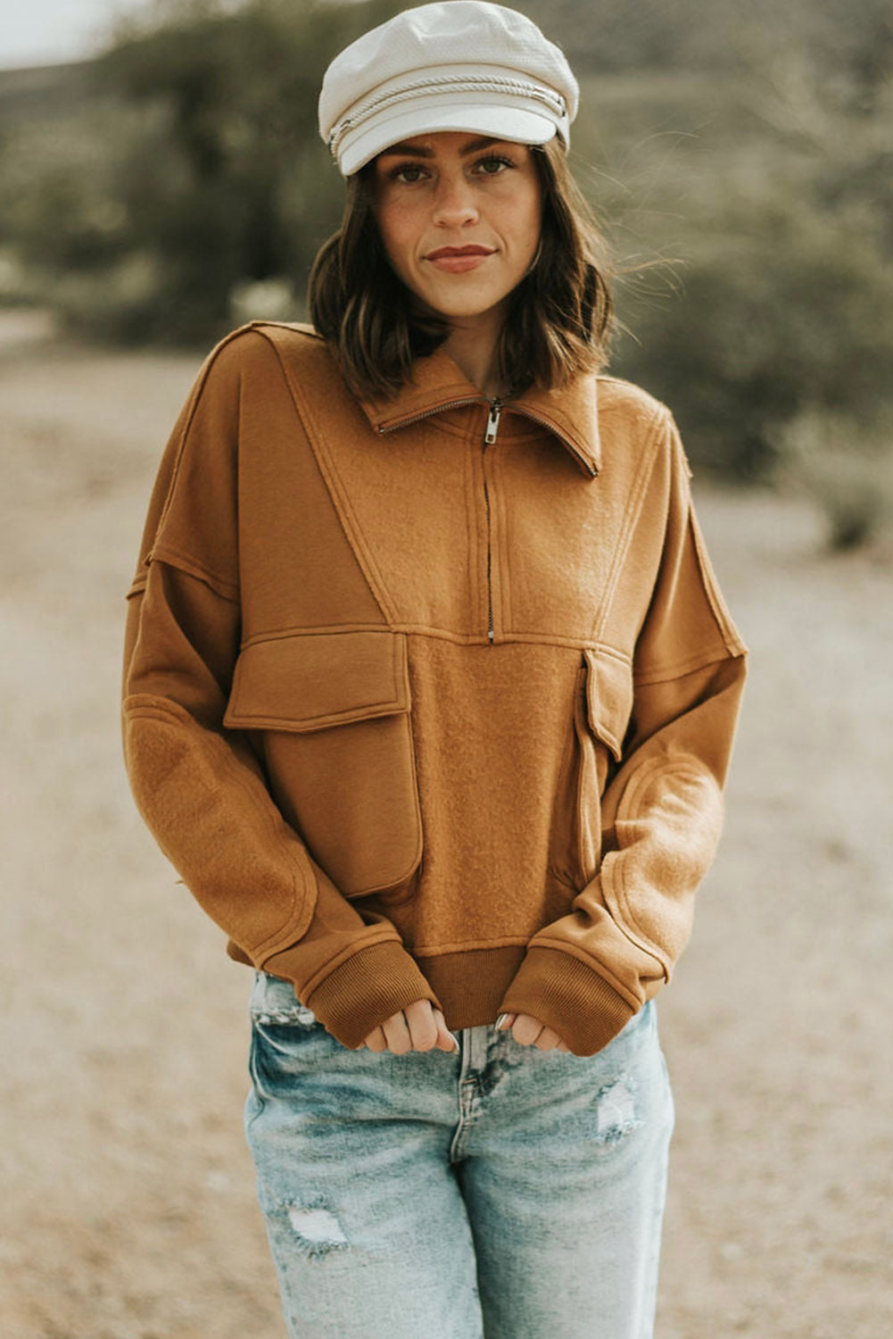 Brown Zip Collared Big Flap Pocket Exposed Seam Sweatshirt