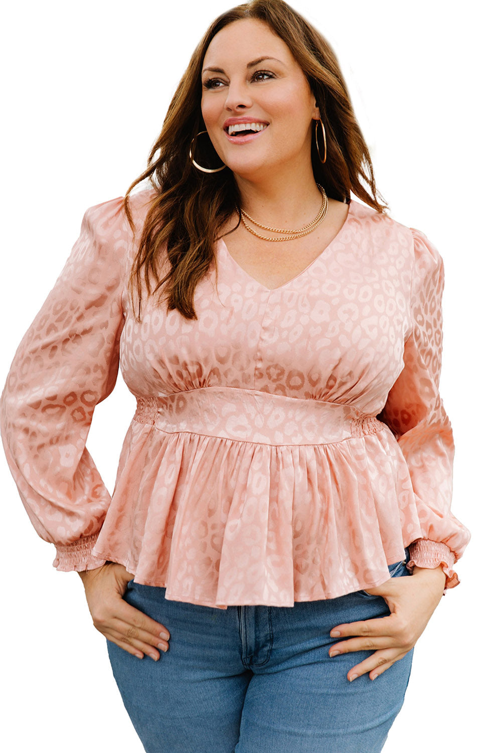 Pink Plus Size Leopard Satin Peplum Top