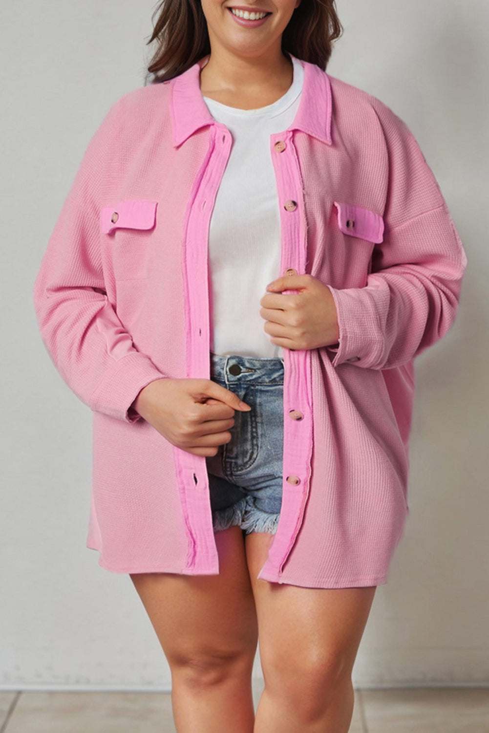 Pink Plus Size Waffle Knit Exposed Seam Shirt