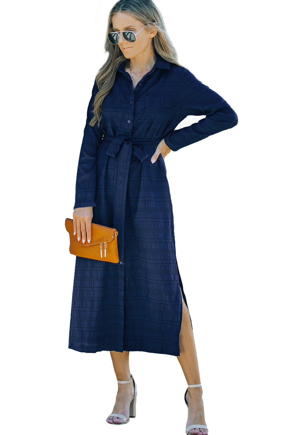 Blue Crinkle Textured Long Sleeve Shirt Dress with Belt