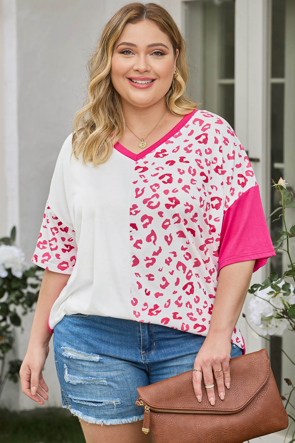 White Plus Size Leopard Patchwork Short Sleeve Top