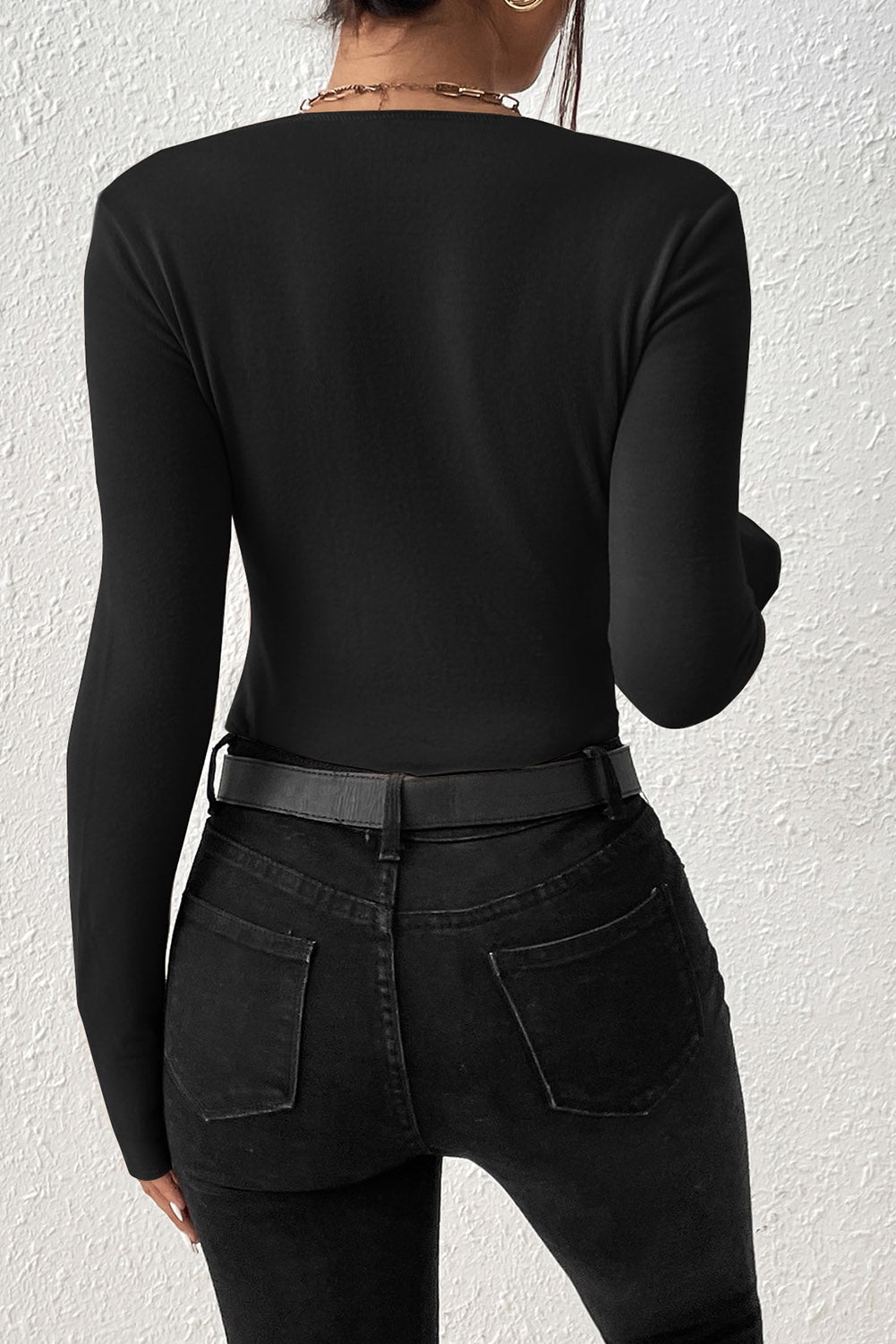 Black Scoop Neck Seam Detail Long Sleeve Bodysuit