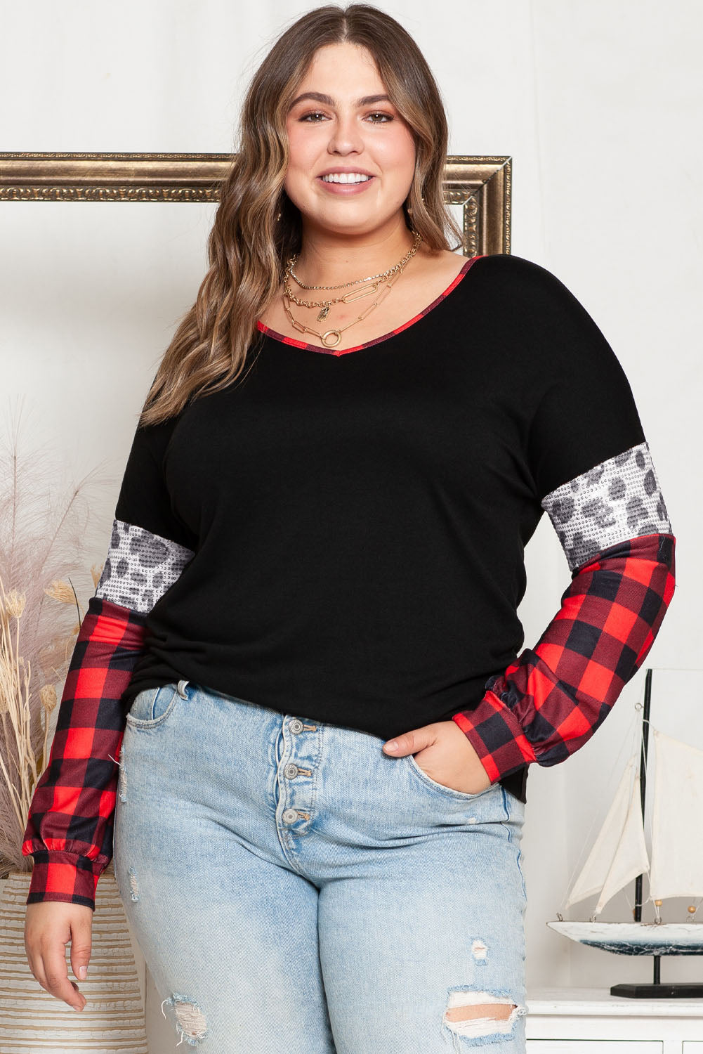 Black Sequined Leopard Insert Plaid Sleeve Plus Size Top