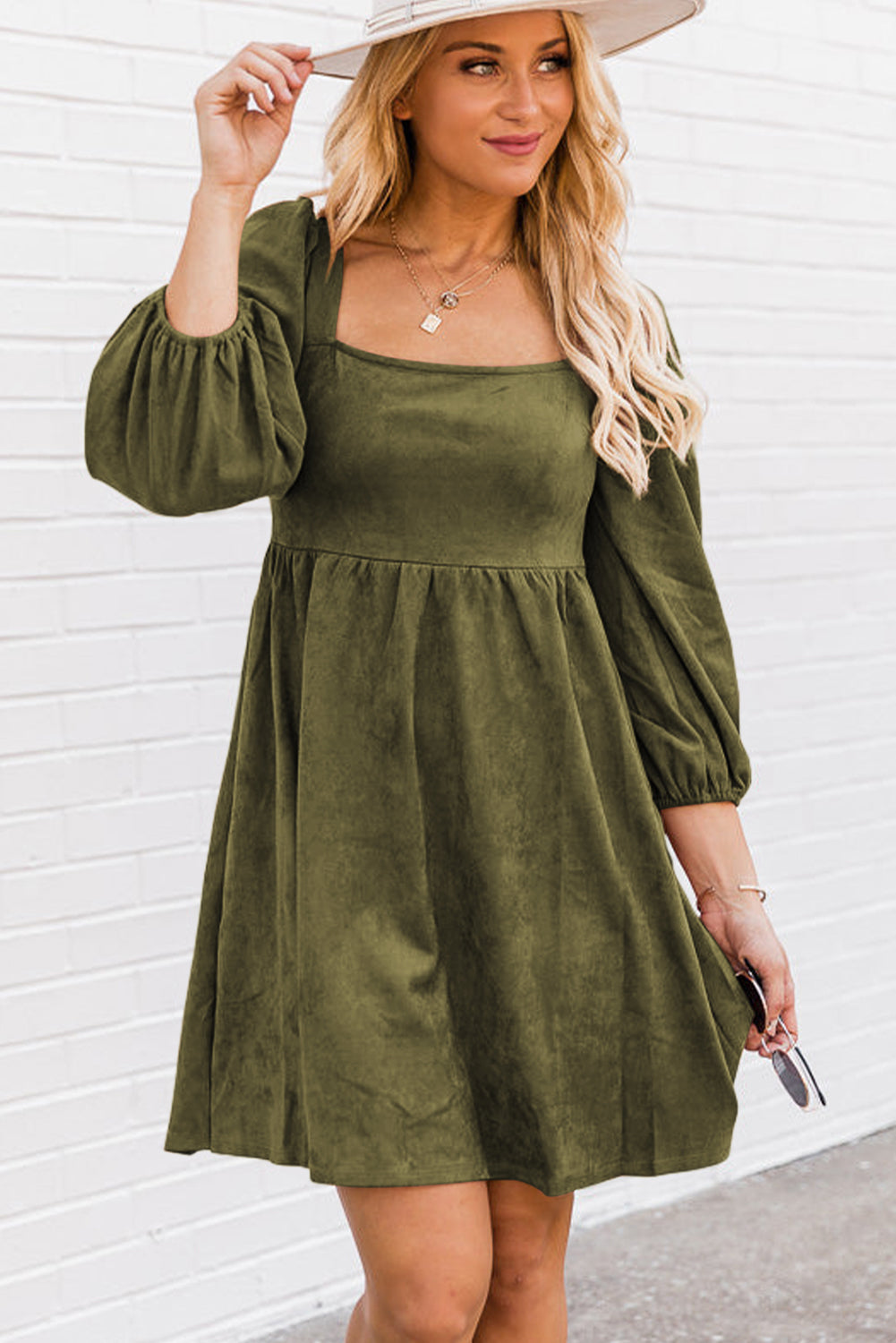 Brown Suede Square Neck Puff Sleeve Dress