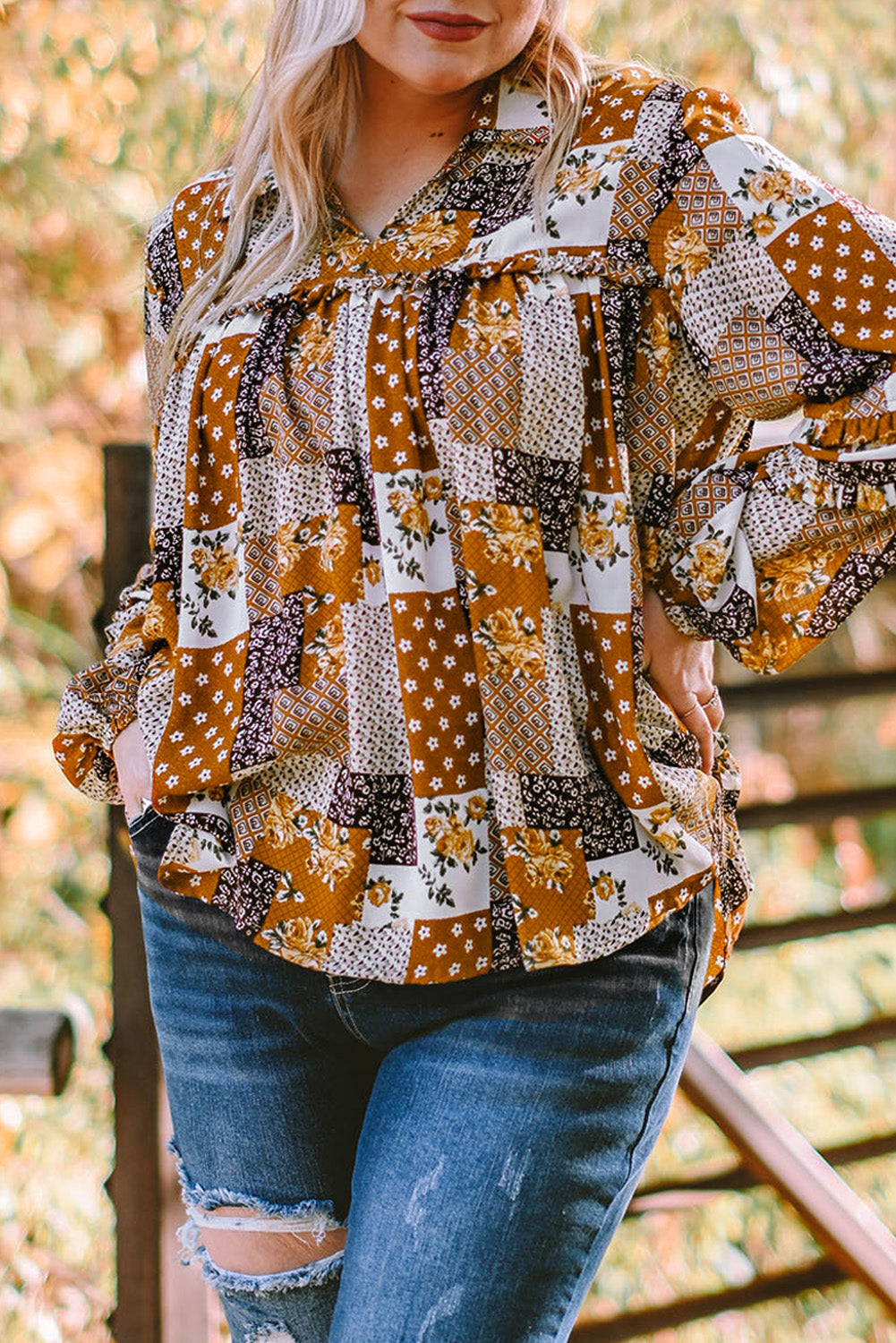 Apricot Turn-down Neck Mixed Print Plus Size Shirt