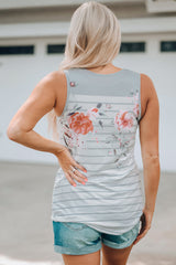 Gray Floral Print V-neck Sleeveless Button Striped Tank Top