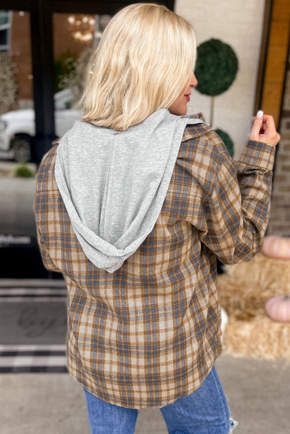 Camel Plus Size Plaid Print Drawstring Hooded Shacket