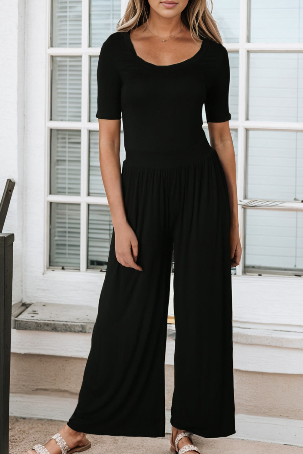 Gray Short Sleeve Bodice Flowy Wide Leg Jumpsuit