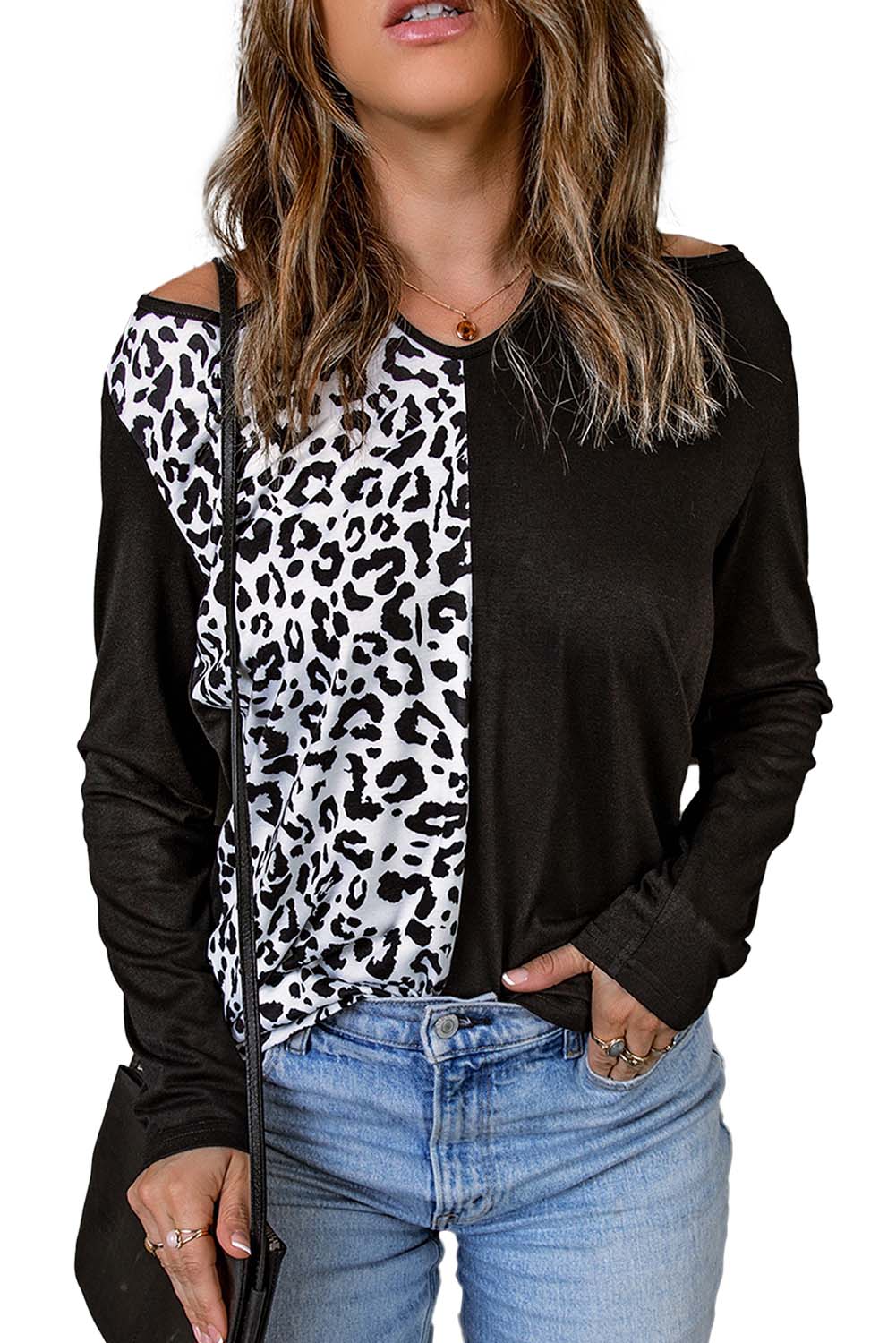 Black Leopard Color Block Cut Out Long Sleeve Top