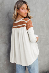 White Contrast Crochet Lace Henley Top