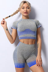 Sky Blue Striped Gradient Color Print Cropped High Waist Yoga Wear