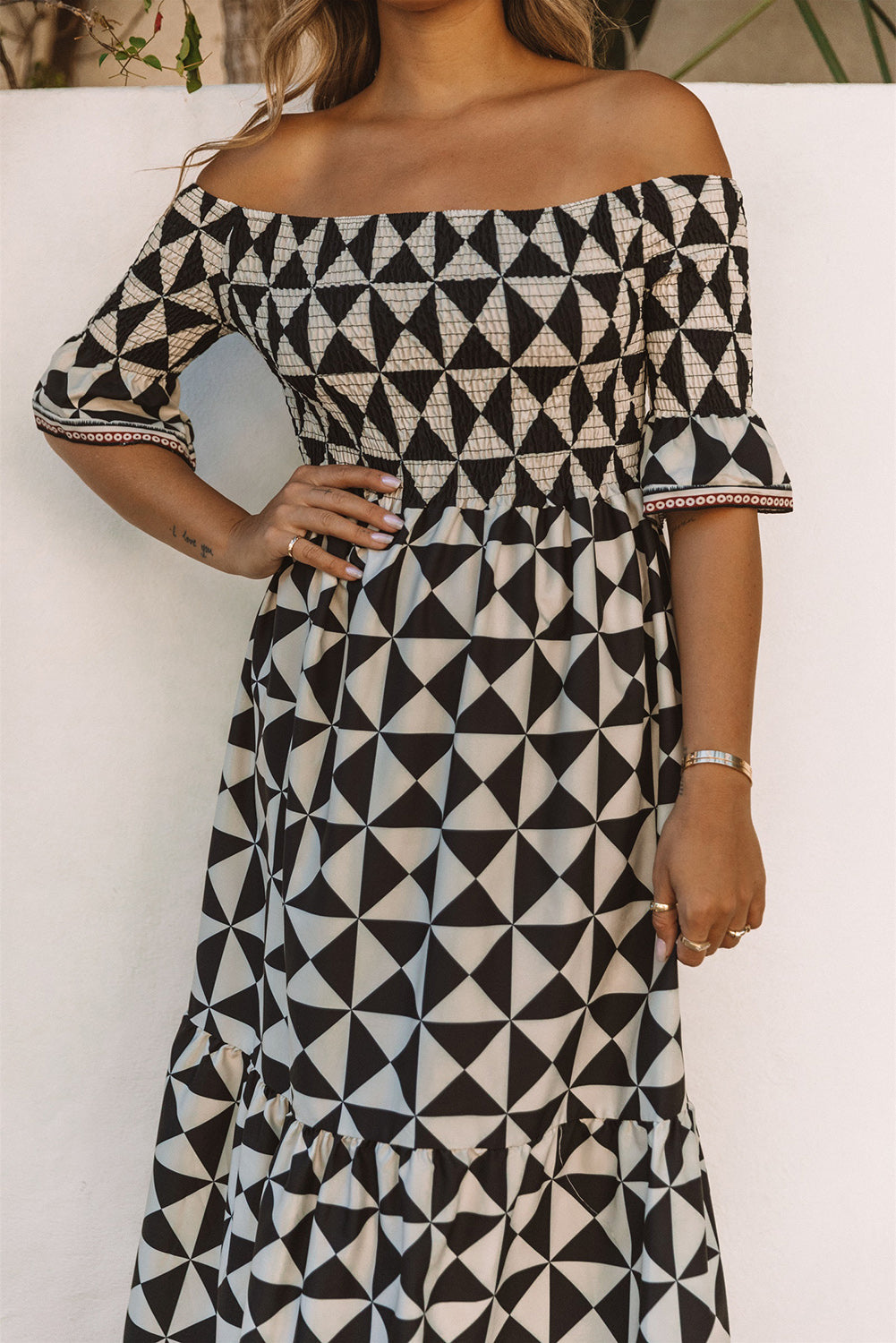 Black Printed Smocked Off Shoulder Ruffle Sleeve Maxi Dress
